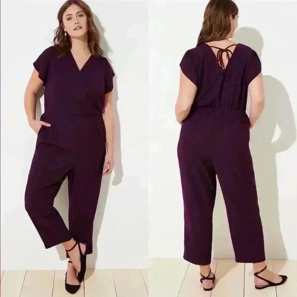 Loft Plus Size Purple Petal Flutter Sleeve Tie Back Jumpsuit Size 24 NWT - Picture 1 of 14